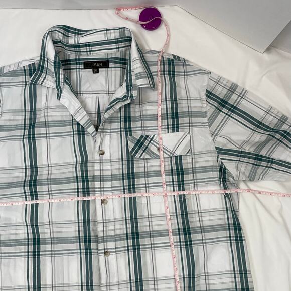 JIAER Mens 2XL Plaid Button Up Shirt Short Sleeve Cotton Green White Casual - Picture 3 of 6